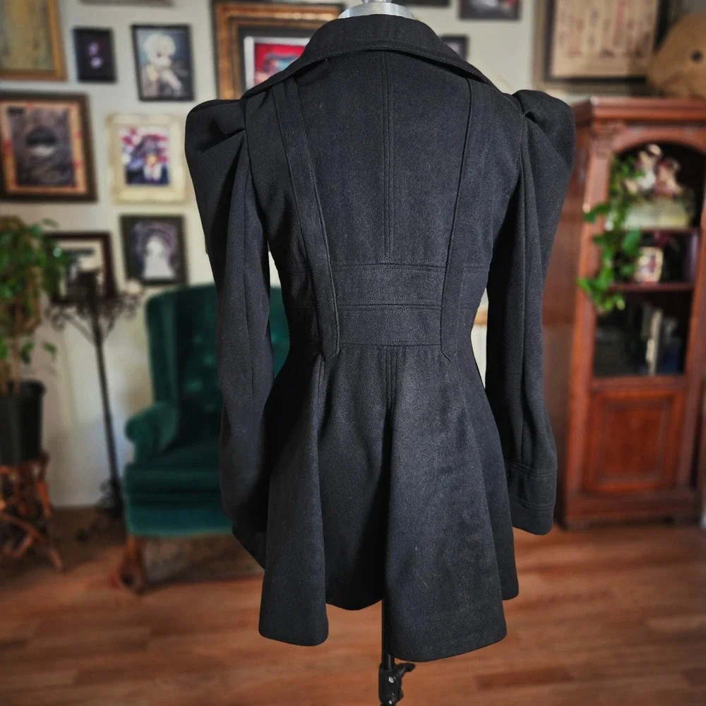 XOXO Women Black Double Breasted‎ Puff Sleeve Fit Flare Coat Size M